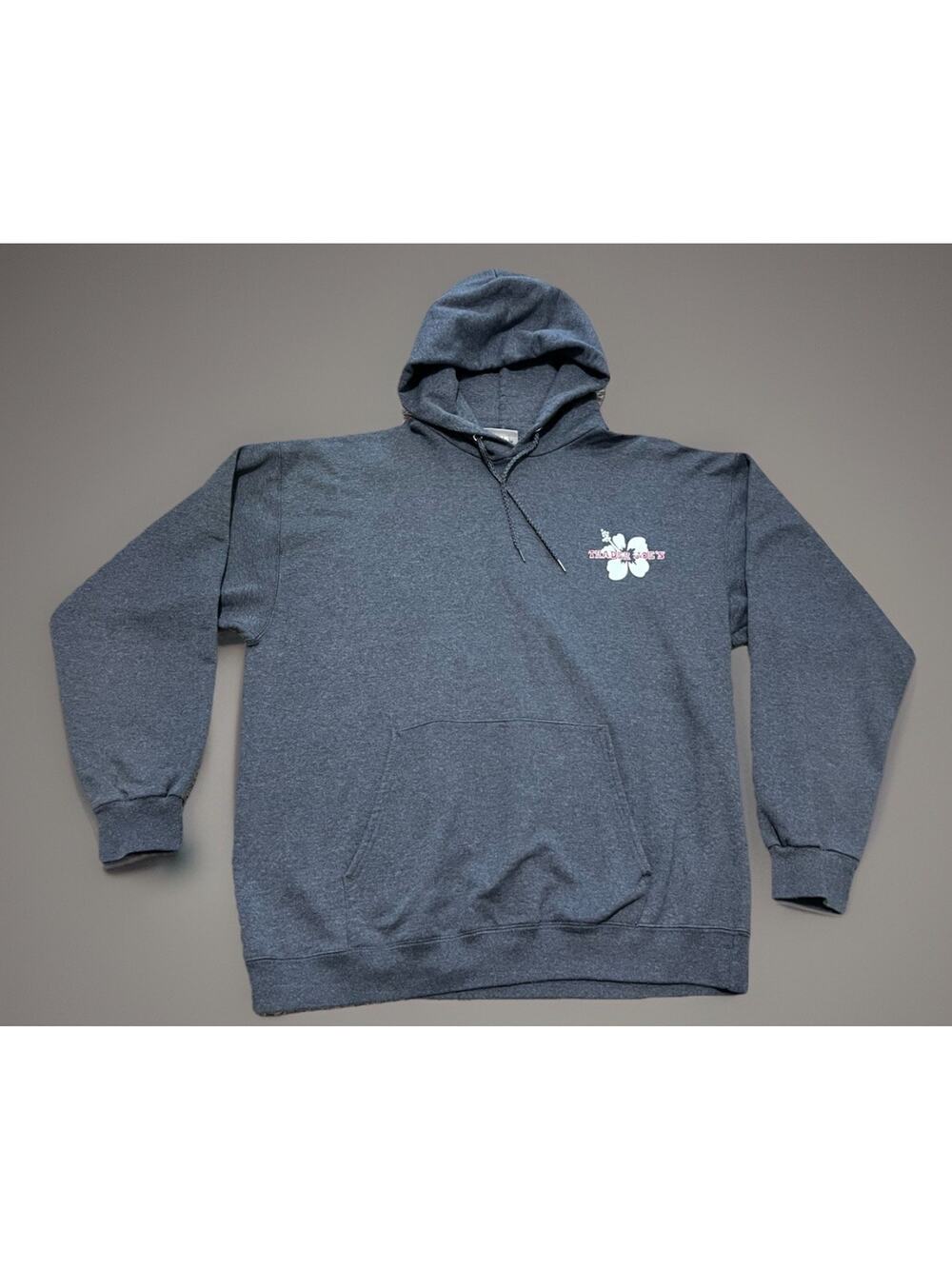 Trader Joe's Hibiscus Flower Hoodie Sweatshirt Y2K Gray Double Sided Unisex Sz L